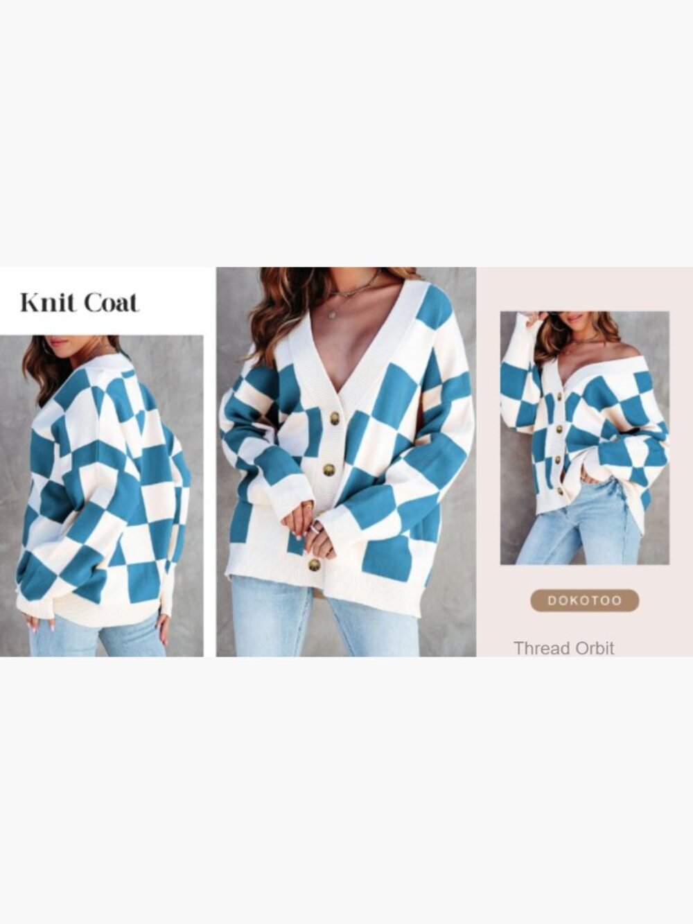 Oversized Cable Knit Cardigan Plaid V-Neck Button Down Long Sleeve - Picture 7 of 7